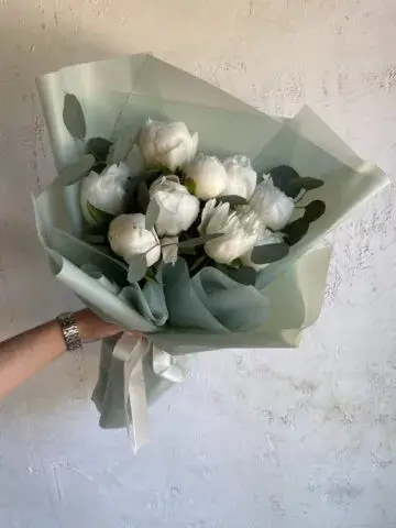 White peonies with eucalyptus