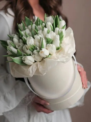 White tulips in a box